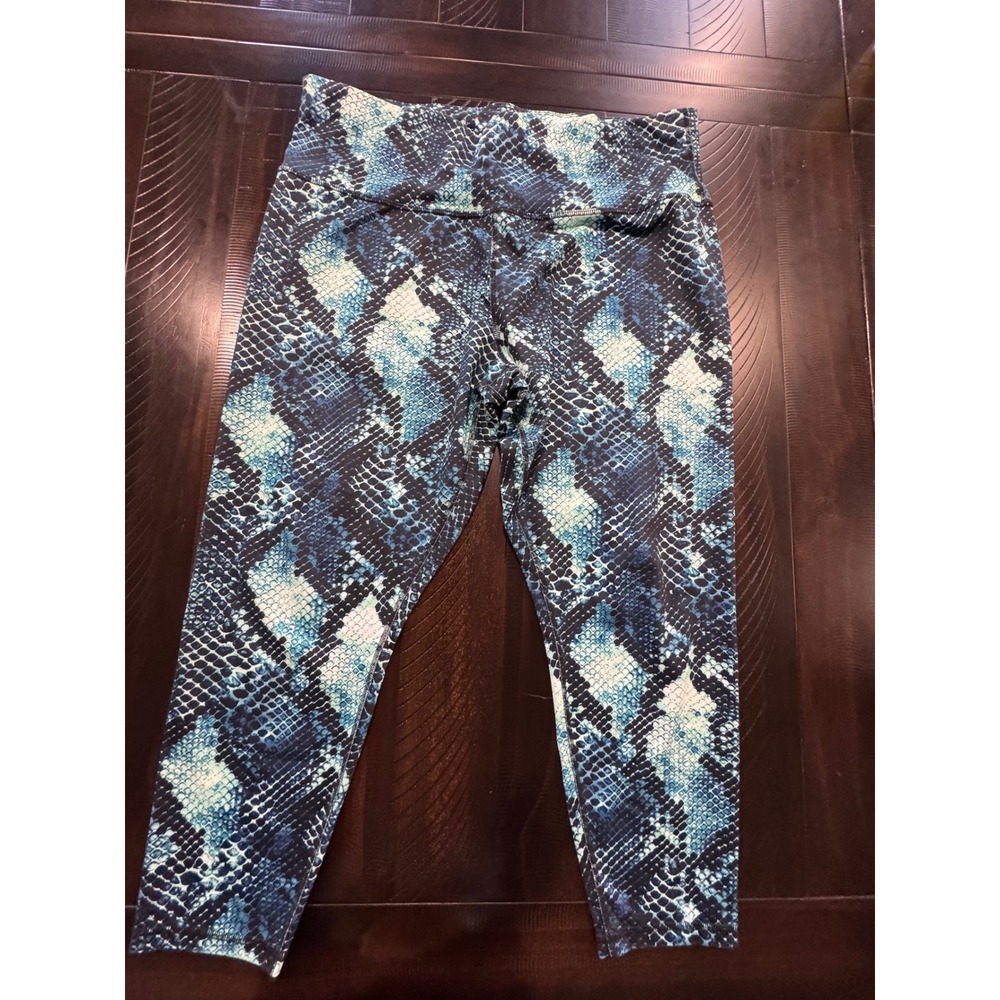Blue Snakeskin Print High Rise Cropped Leggings Teal Animal Print Yoga Pants